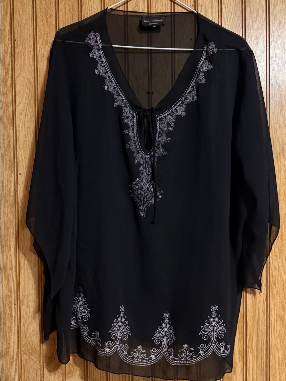 Brittany Black Sheer Tunic with Silver Embroidered Trim